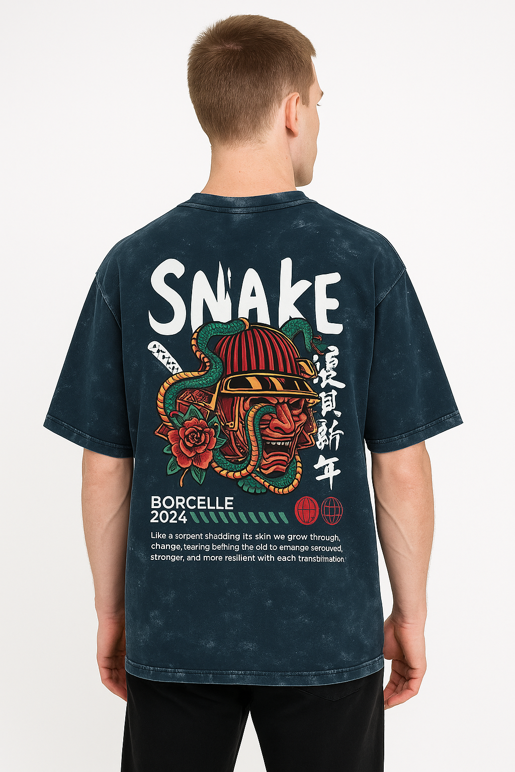 Borcelle 2024 "SNAKE" Oversized Acid Wash T-Shirt – Samurai Serpent Back Print