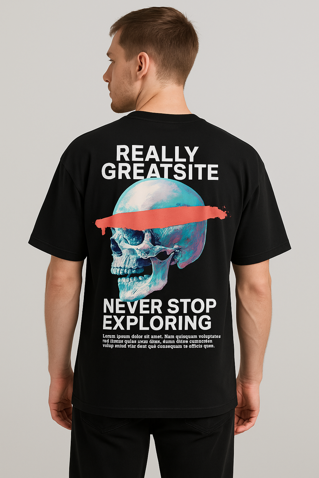 Glitch Skull Black Oversized Cotton T-Shirt