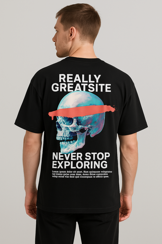 Glitch Skull Black Oversized Cotton T-Shirt