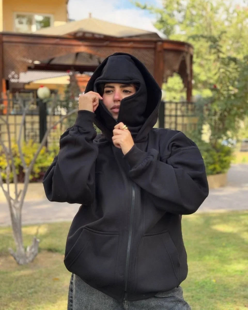 Black Balaclava Double Zip Oversized Hoodie