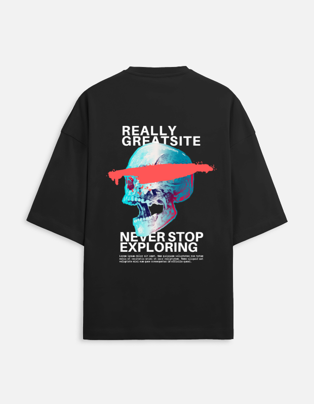 Glitch Skull Black Oversized Cotton T-Shirt