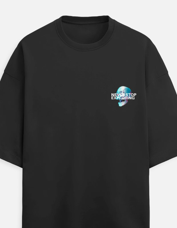 Glitch Skull Black Oversized Cotton T-Shirt