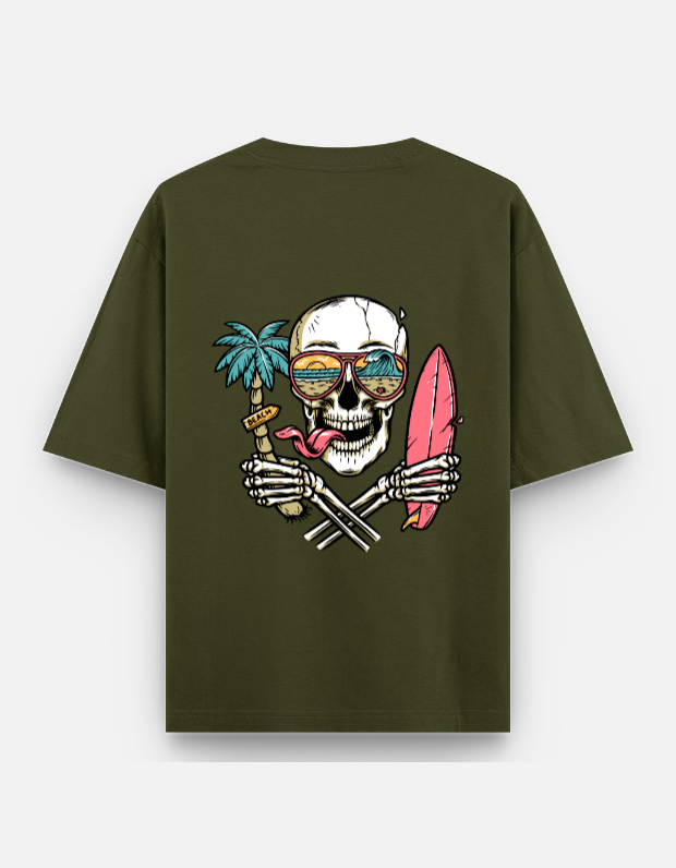 Cool Skull Oversized olive green Cotton Tees