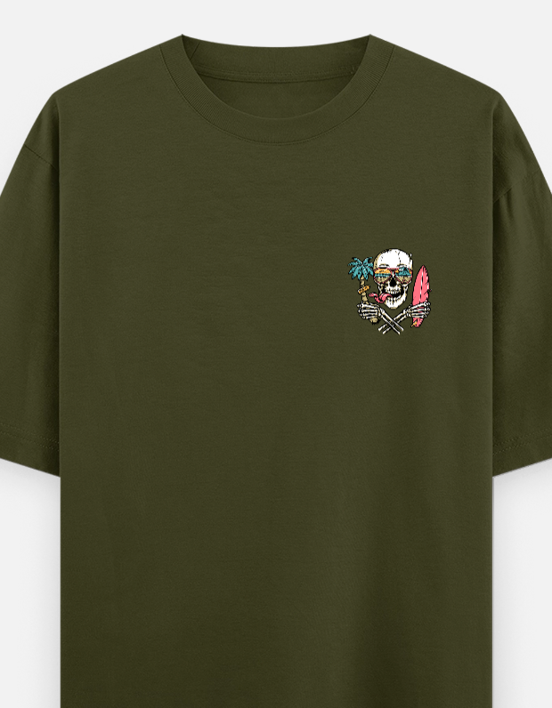 Cool Skull Oversized olive green Cotton Tees